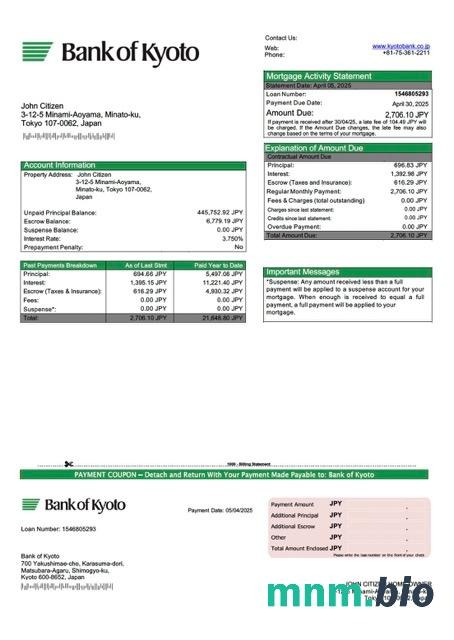Japonia Bank of Kyoto wyciąg z kredytu hipotecznego szablon Word i PDF